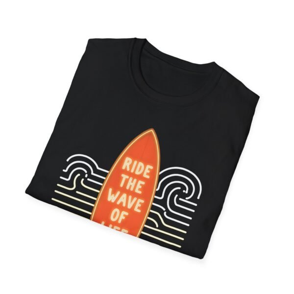 Ride The Wave of Life Neon Surfboard Retro Beach Design Unisex Softstyle T-Shirt - Image 2