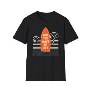 Ride The Wave of Life Neon Surfboard Retro Beach Design Unisex Softstyle T-Shirt